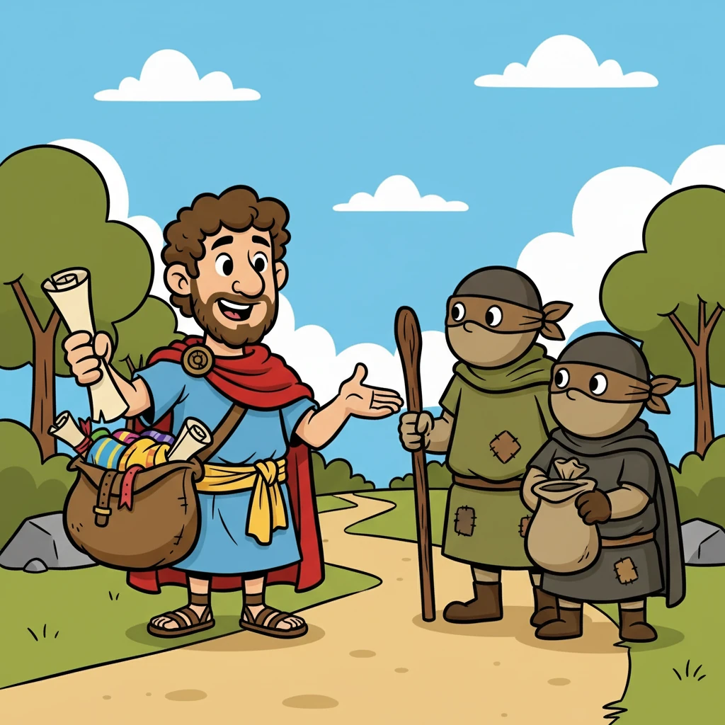 They encountered a group of bandits, their faces masked and their intentions clear. Marcus, with his quick wit and knowledge of languages, negotiated a peaceful resolution by offering them some goods.