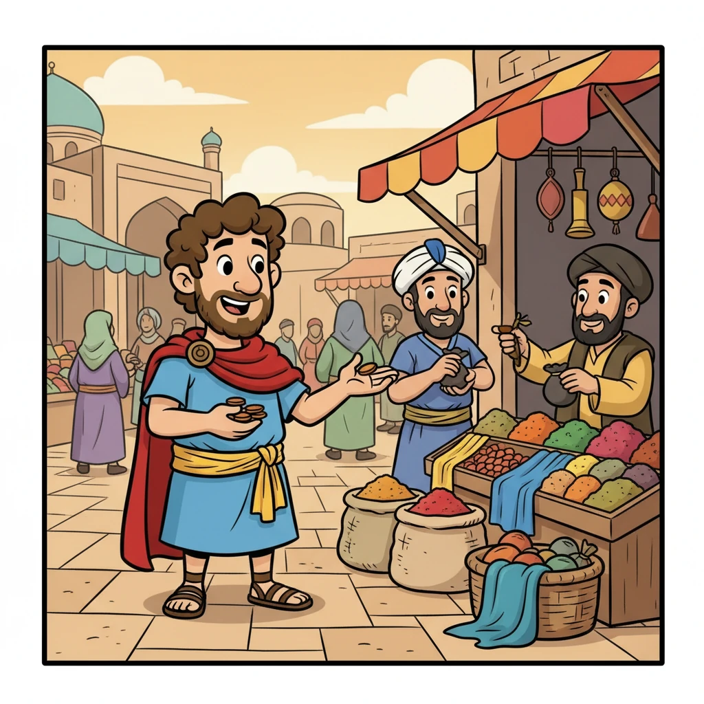 In a bustling market in Samarkand, Marcus traded his horses and bronze for exotic spices and fine silk. He learned new languages and made many friends, expanding his understanding of the world.