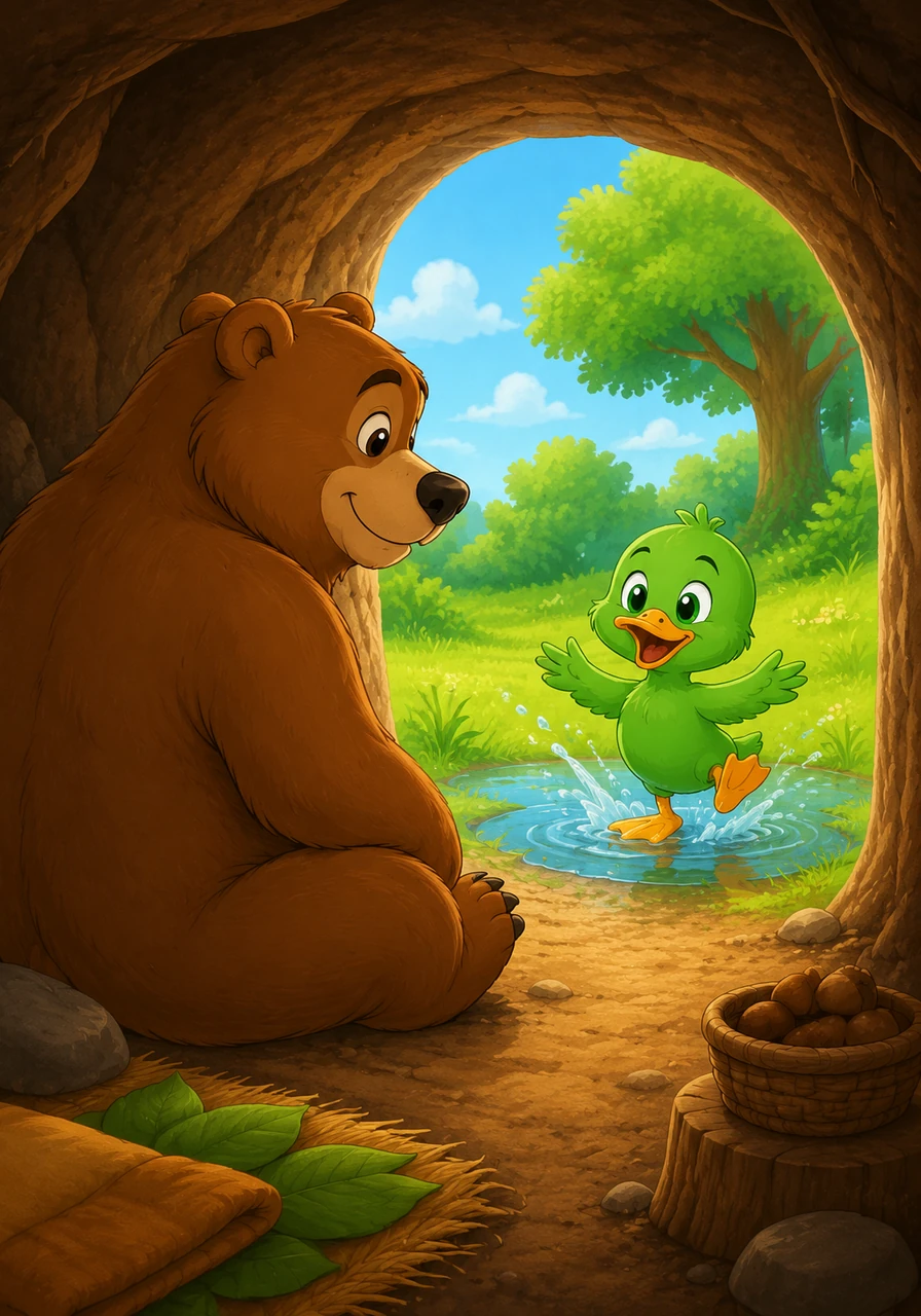 Ben the big brown bear sits inside his cozy den. He looks out the door and sees his best friend, Ned the little green duck, splashing in the grass.