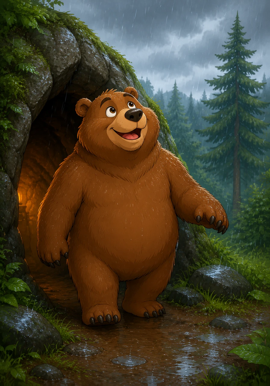 The sky turns gray and a cool rain begins to fall. Ben gets wet as he steps out of his den, but he loves the fresh smell of the damp woods.