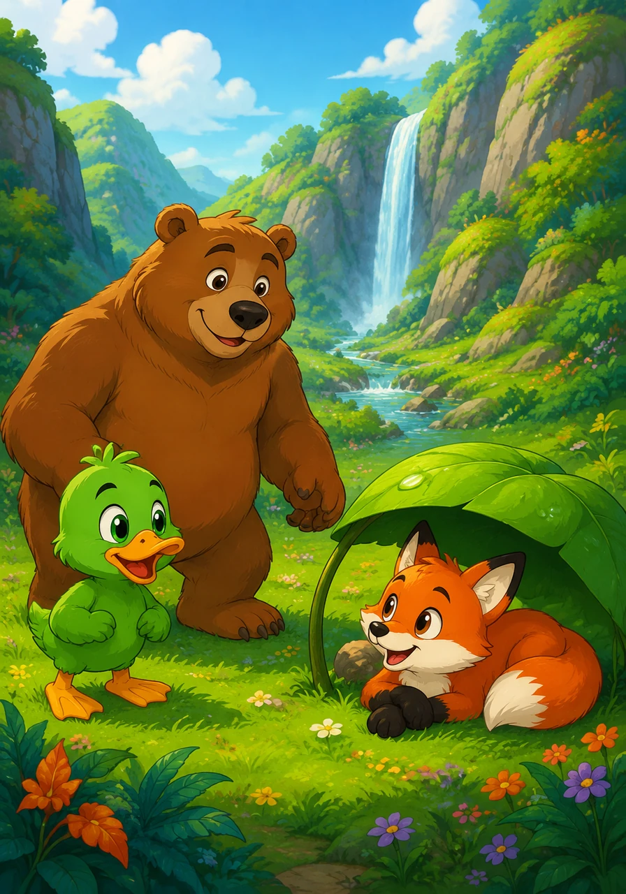 Ned leads Ben to a beautiful, hidden valley where the grass is bright green. They meet a friendly red fox named Ted, who is resting under a large leaf.