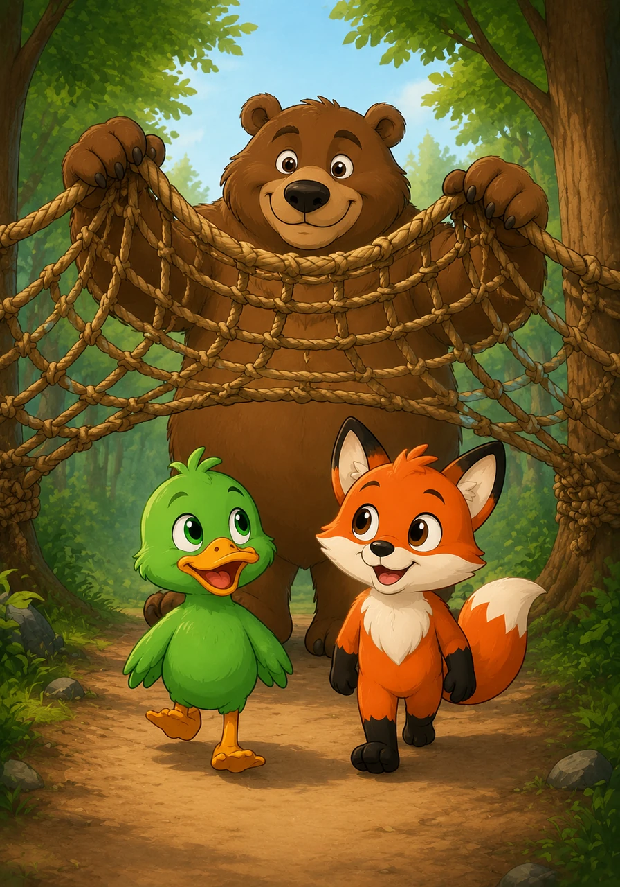 A heavy net is stretched across the path, blocking their way. Ben uses his big paws to lift the net high so Ned and Ted can walk safely underneath.