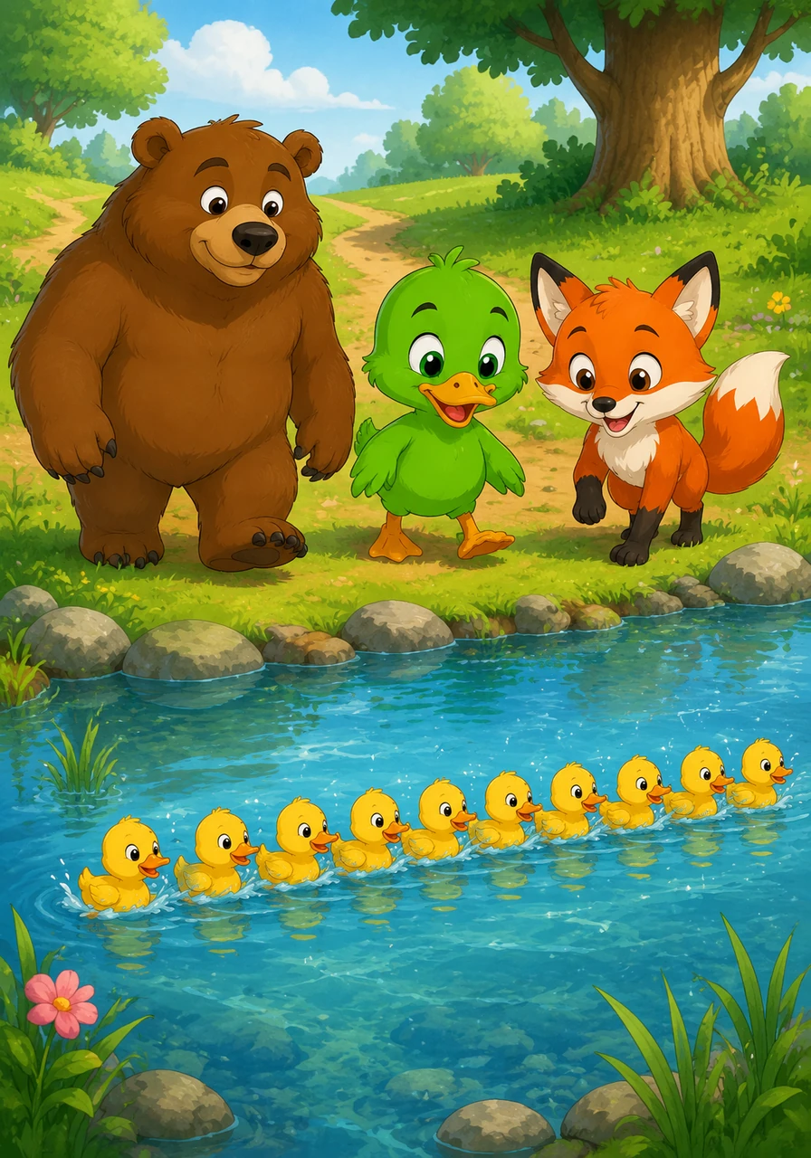 The three friends walk past a shimmering blue pond and see ten little webbed feet splashing in the water. A family of tiny ducklings is swimming in a neat line.