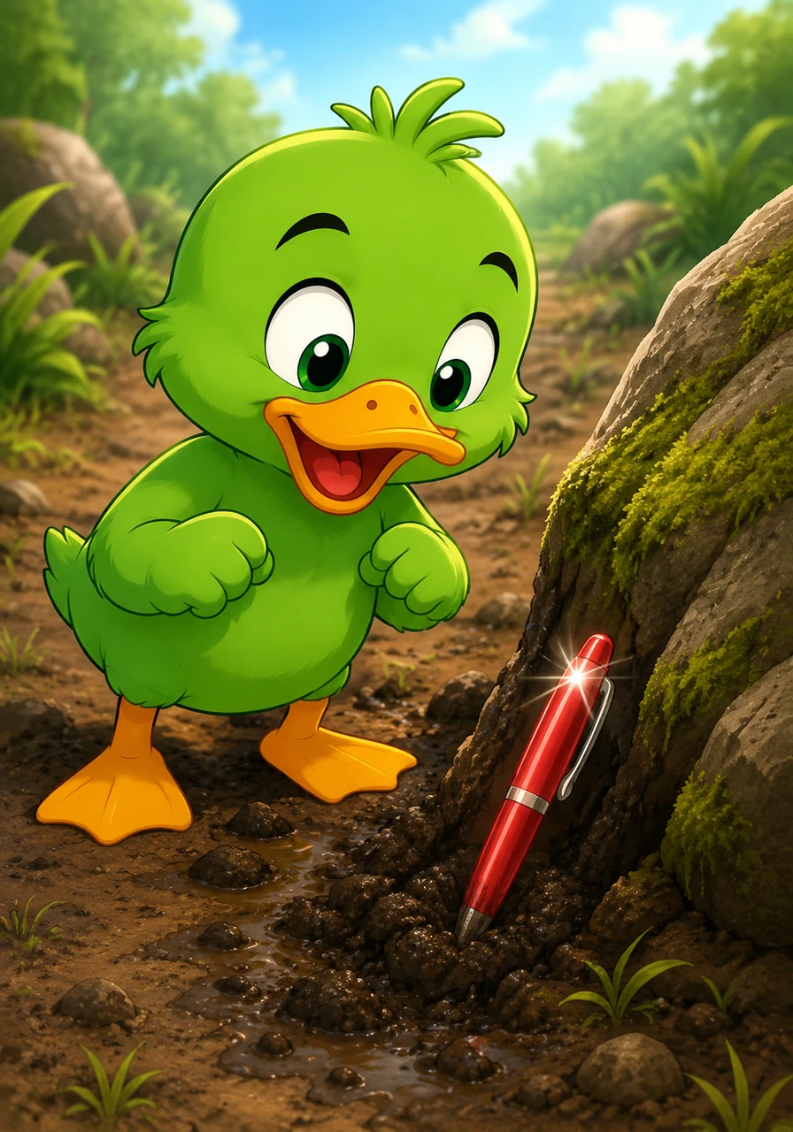 Suddenly, Ned spots something shiny reflecting in the mud near a big rock. It is the lost red pen, safe and sound.