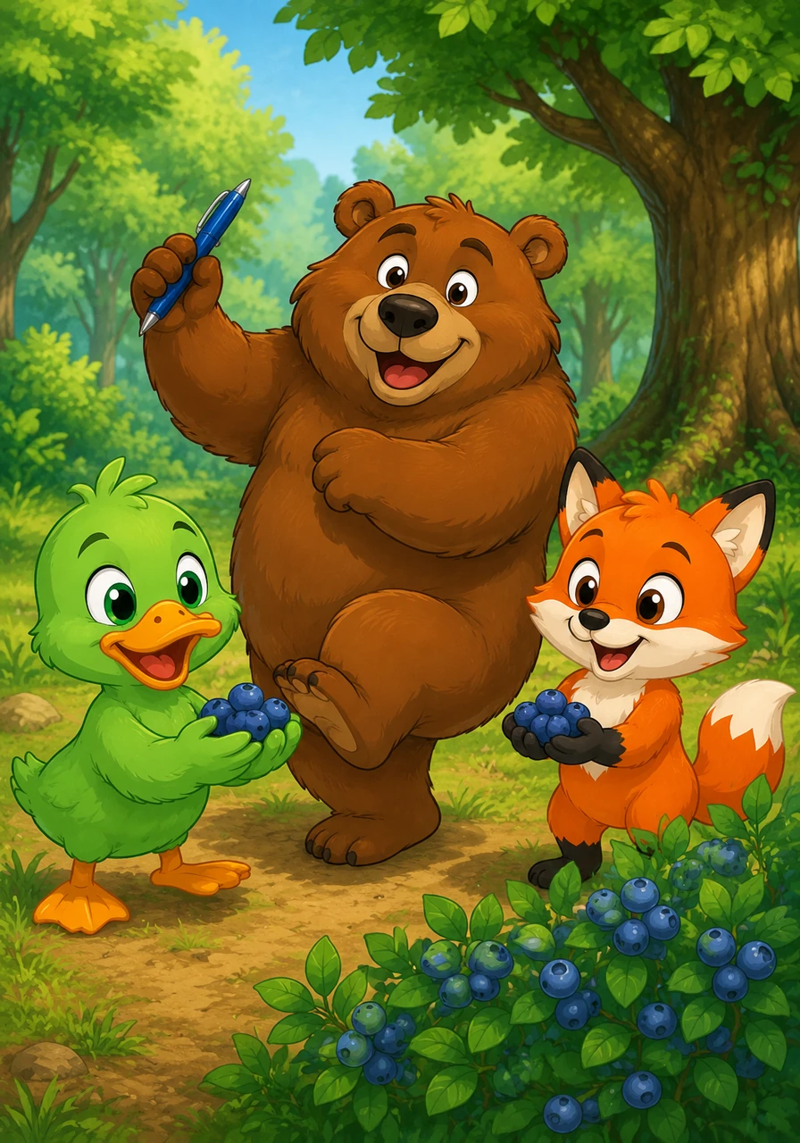 Ted is so happy to have his pen back that he does a joyful dance. He feeds his helpful friends some delicious, sweet berries from a nearby bush.