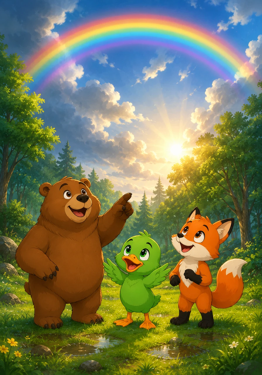 The rain finally stops, and the warm sun peaks through the clouds to dry the wet grass. A bright, beautiful rainbow stretches across the sky above the forest.