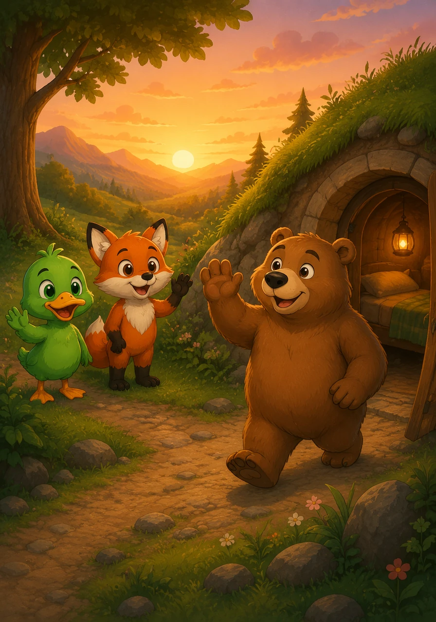 Ben, Ned, and Ted wave goodbye as the day ends. Ben walks back to his warm den, happy to be well-fed and tucked into his cozy bed.