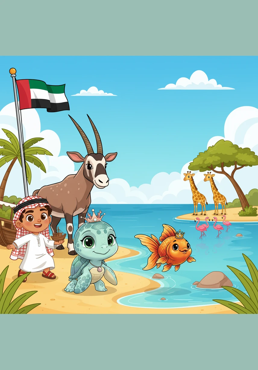 On the sun-drenched island of Sir Bani Yas, the UAE flag flutters proudly against a bright blue sky. The golden sand meets the sparkling turquoise water where the journey of a special little turtle begins.
