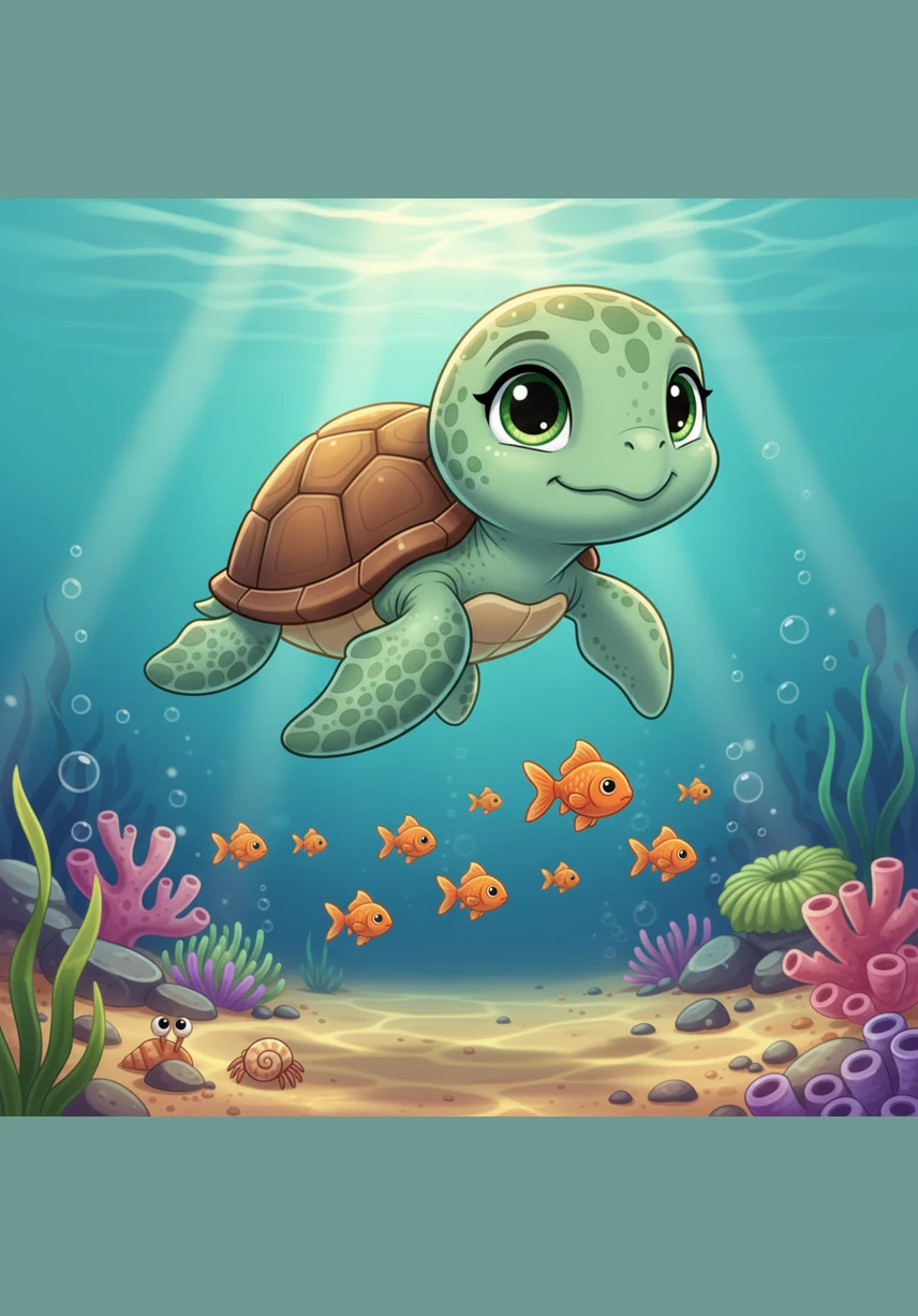Layla is a beautiful green sea turtle with a shiny brown shell who loves to glide through the warm waves. She swims slowly and happily, enjoying the peaceful rhythm of the ocean.