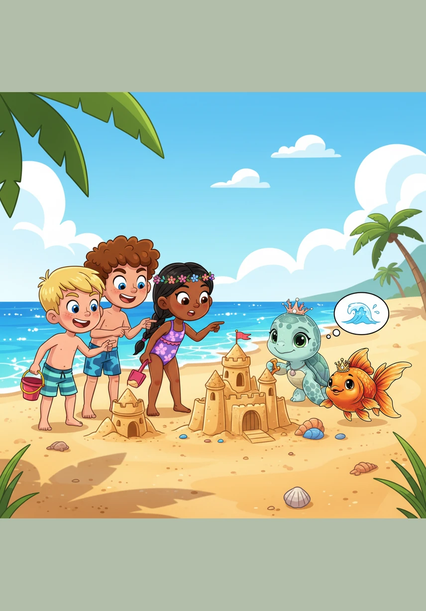 Near the shore, some mischievous children are running and laughing while throwing plastic bags and trash into the water. They do not realize that their litter is making the ocean a dangerous place for the animals.