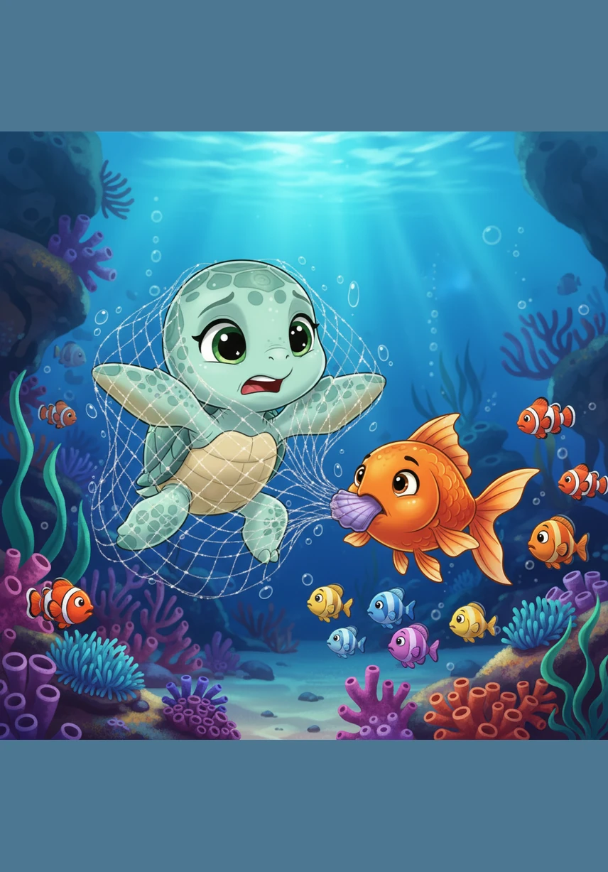 Layla swims toward what she thinks is food, but suddenly she is trapped in a heavy, dirty white fishing net. She tries to wiggle her flippers, but the net holds her tight, and she begins to feel very frightened.