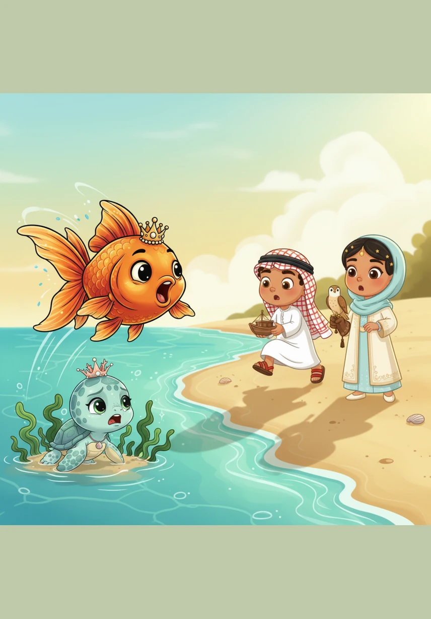 A sparkling goldfish with large, kind eyes sees Layla in trouble and swims to the surface. He calls out loudly to the people on the beach, asking for someone to help his friend the turtle.