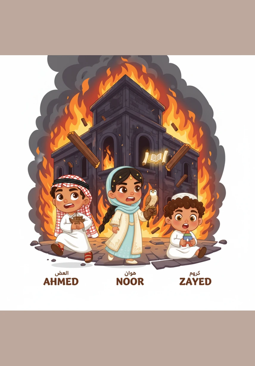 Three brave children named Ahmed, Noor, and Zayed hear the call and rush to the water's edge. Wearing their traditional kanduras and jalabiyas with green environmental logos, they are ready to save the day and protect their island.
