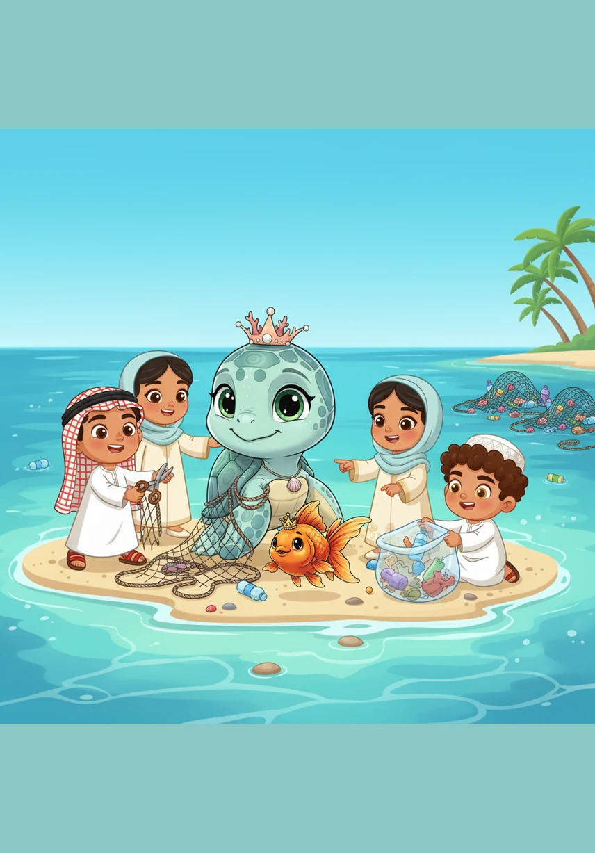 The children wade into the water and gently cut the tangled net away from Layla’s shell. Once she is free, they work together to gather all the trash and nets to make the sea clean and safe again.