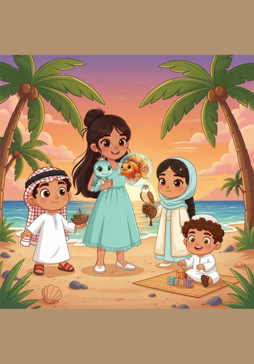 The goldfish rewards the kind children with shimmering treasures as a thank you for their hard work. Layla swims happily into the clean, blue sea, knowing that the heroes of the UAE are watching over her home.