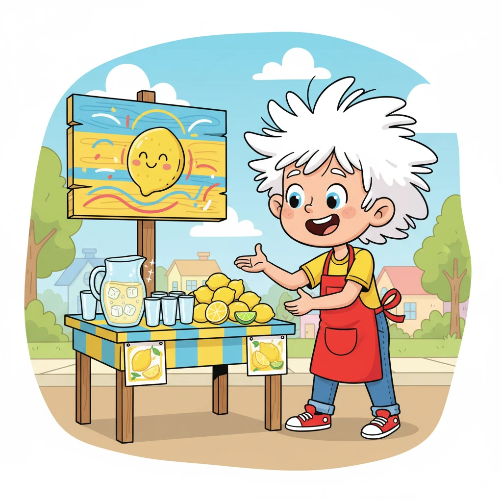 On a bright Saturday morning, Daren, with his wild white hair, proudly set up his community lemonade stand. Cups sparkled next to a pile of sunny lemons, and ice clinked invitingly in a clear pitcher. A big, cheerful sign promised delicious refreshment for a good cause.