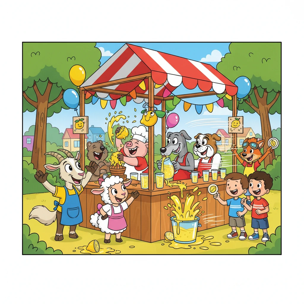 Back at the stand, everything transformed! Goat and Sweet Pea cheerfully greeted customers, while Sparkplug handed out cool stickers. Whiplash and T-Maxx poured lemonade with lightning speed, and Peaches and Wombat squeezed lemons, laughing as juice flew.