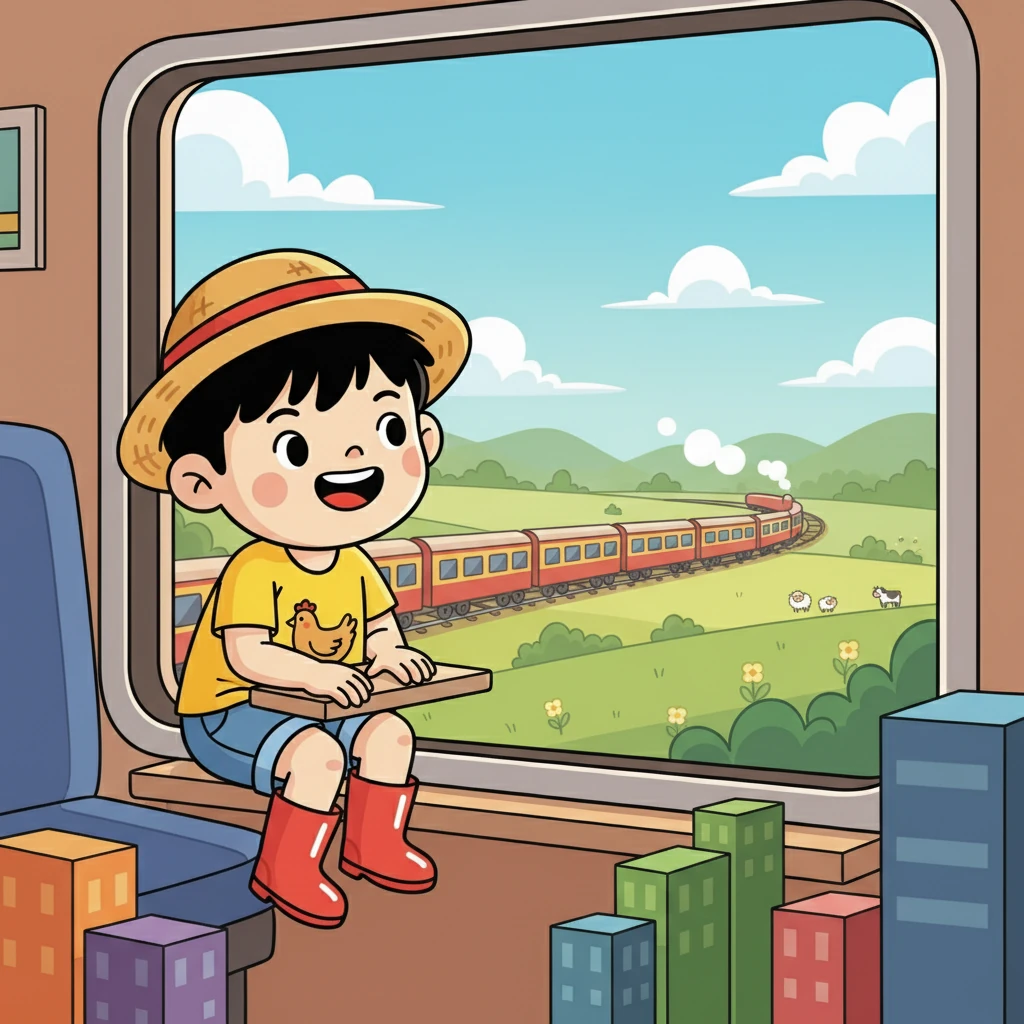 夏天来了，小明收拾好行李，兴奋地坐上了前往乡下的火车。火车缓缓行驶，窗外的景色从高楼大厦变成了绿油油的田野，小明的心情也变得格外舒畅。