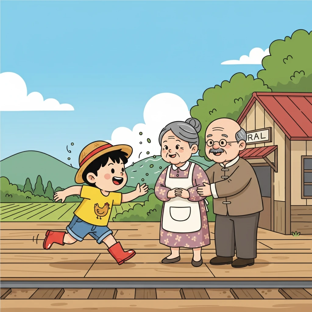 下了火车，爷爷奶奶已经在车站等候。小明欢快地扑向爷爷奶奶的怀抱，空气中弥漫着泥土和青草的清新味道，小明深深地吸了一口气，感受着乡下的气息。