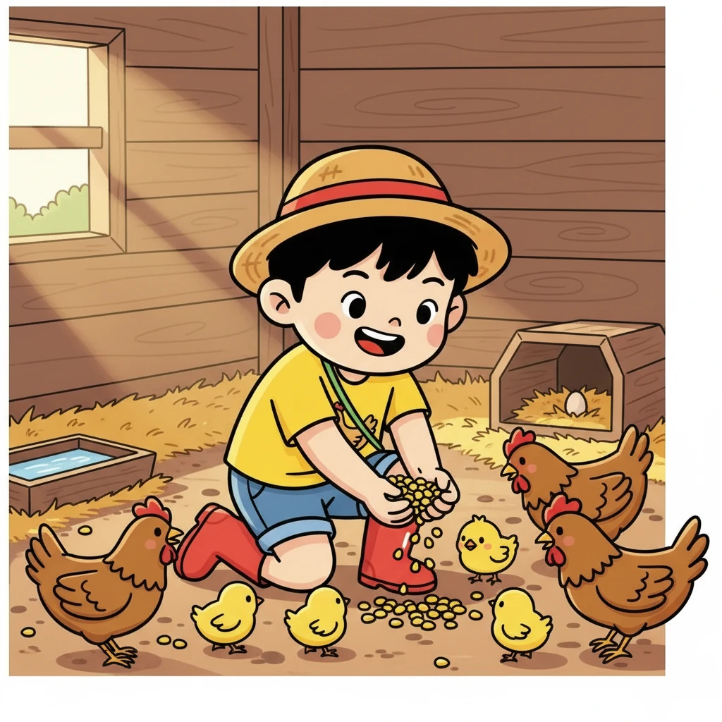 第二天，小明跟着爷爷奶奶来到鸡舍，学习喂鸡。他小心翼翼地把玉米撒在地上，看着小鸡们争先恐后地啄食，露出了开心的笑容。