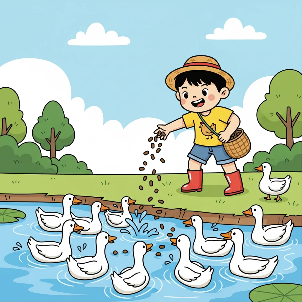 小明又来到鸭鹅的池塘边，他学着奶奶的样子，把饲料撒向水面。鸭子和鹅们立刻游了过来，争先恐后地抢着食物，小明被这热闹的景象逗乐了。