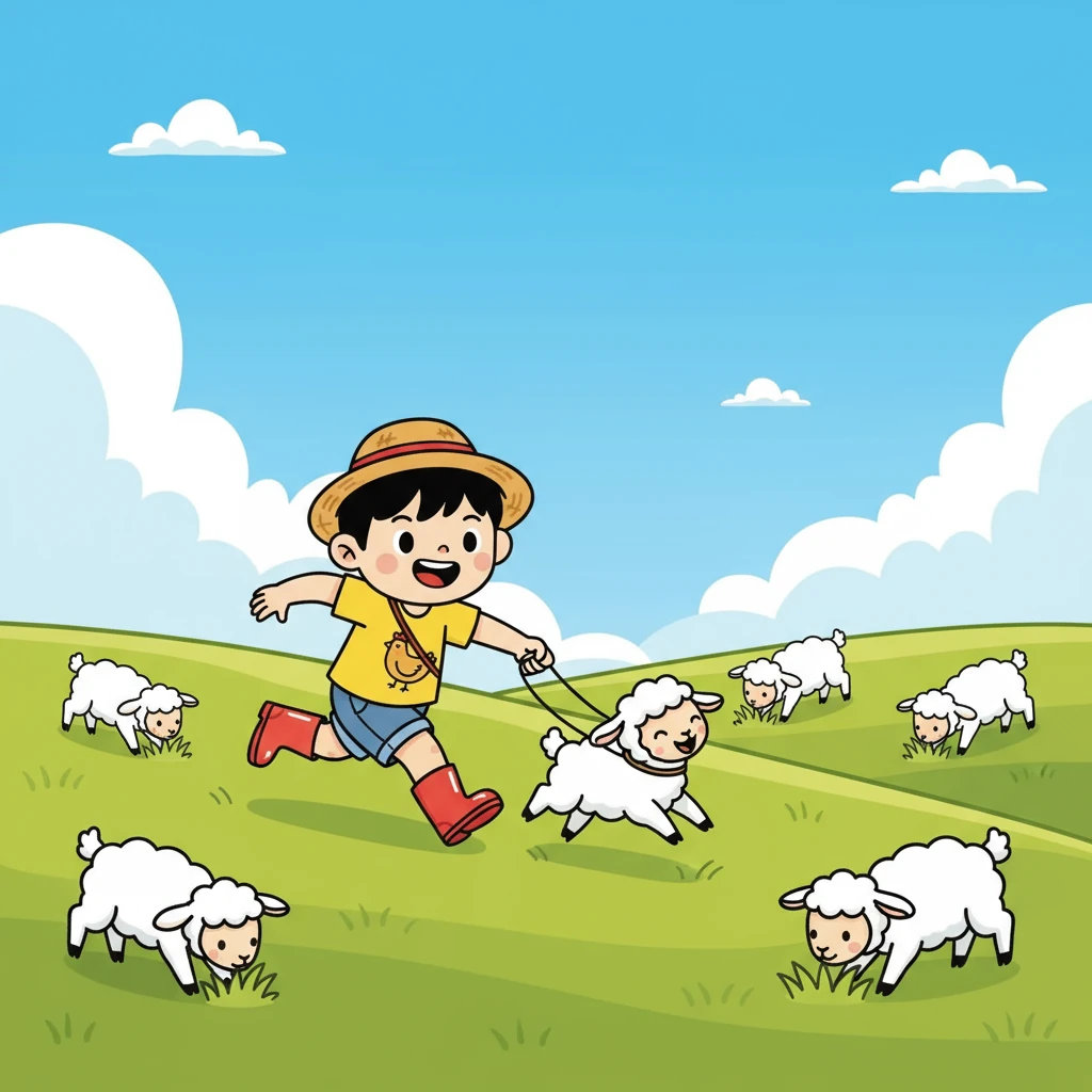 午后，小明跟着爷爷去放羊。他牵着小羊，在绿油油的草地上奔跑，小羊们一会儿吃草，一会儿嬉戏，小明也玩得不亦乐乎。