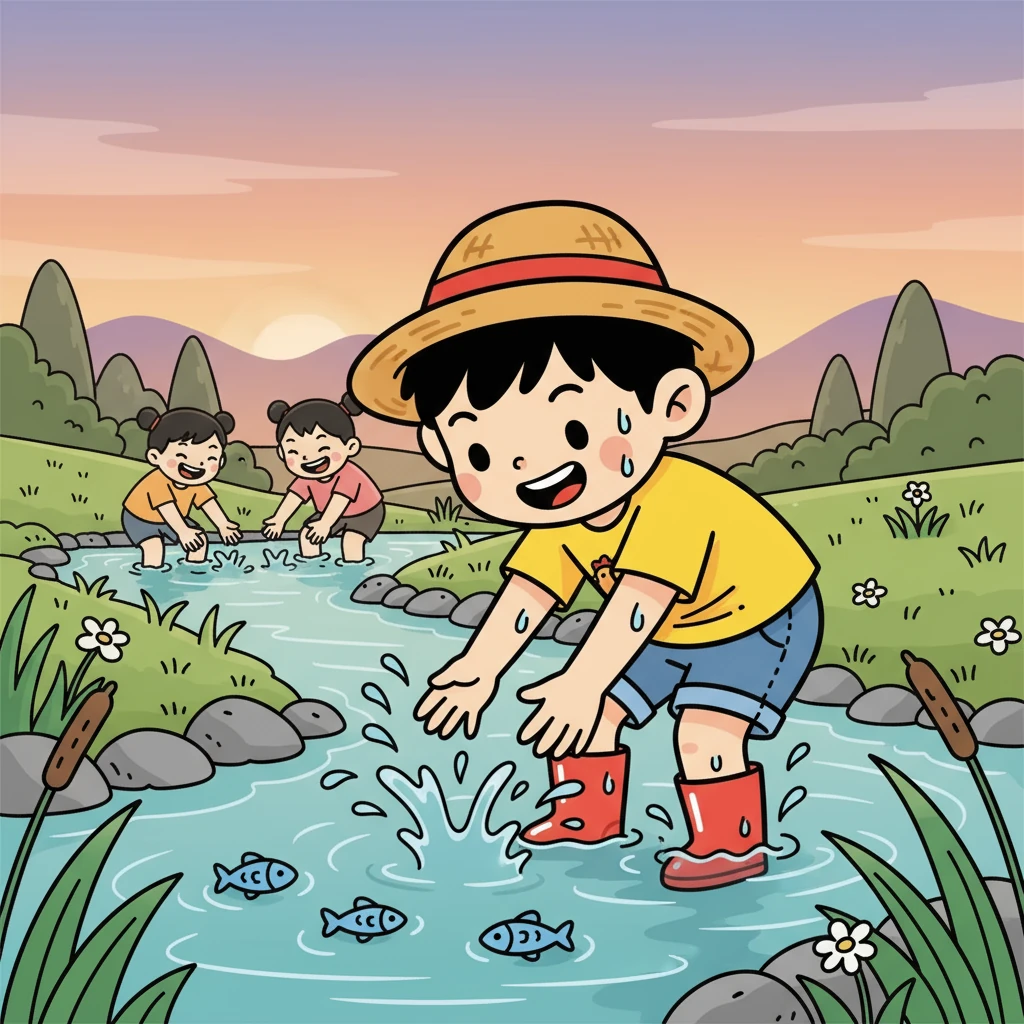 傍晚，小明和小伙伴们一起去小溪里捉鱼。他们挽起裤腿，小心翼翼地在水里摸索。虽然浑身湿漉漉的，但捉到鱼的喜悦让他们忘记了疲惫。
