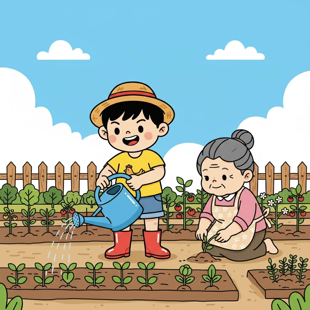 小明还跟着奶奶学习种菜。他帮着奶奶浇水、除草，看着小小的菜苗一天天长大，心里充满了成就感。