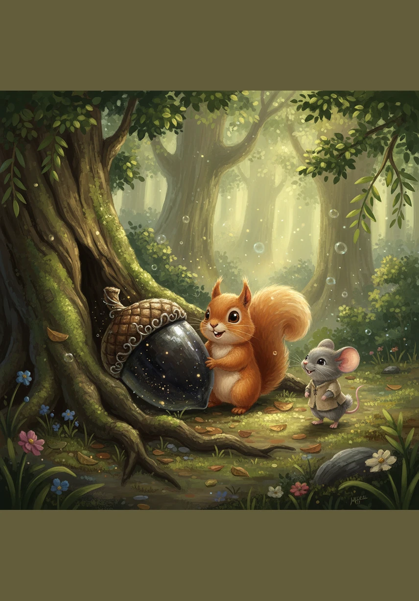 In the heart of the Whispering Woods, a small squirrel named Pip discovered something extraordinary. Tucked beneath a silver fern lay a giant, shimmering golden acorn that sparkled in the morning sun. Pip’s eyes grew wide with wonder as he realized this was the biggest treasure he had ever seen.