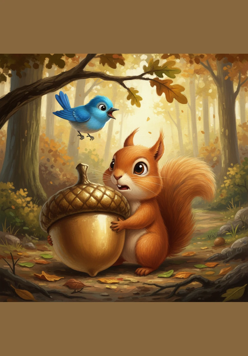 Pip tried to lift the golden acorn, but it was much heavier than it looked. A friendly bluebird chirped from a branch, offering to call some friends to help him move it. Pip shook his head quickly and hugged the acorn tight, determined to keep his special prize all to himself.