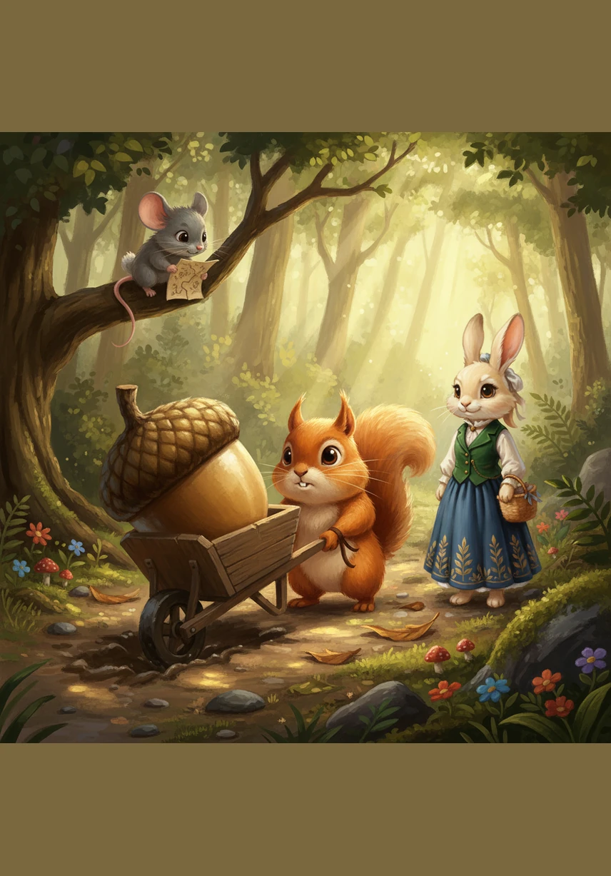 With a lot of huffing and puffing, Pip managed to roll the acorn behind a large oak tree. He covered it with dry leaves and twigs, glancing around to make sure no one else was watching. He wanted to make sure his treasure stayed hidden and safe from any curious eyes.