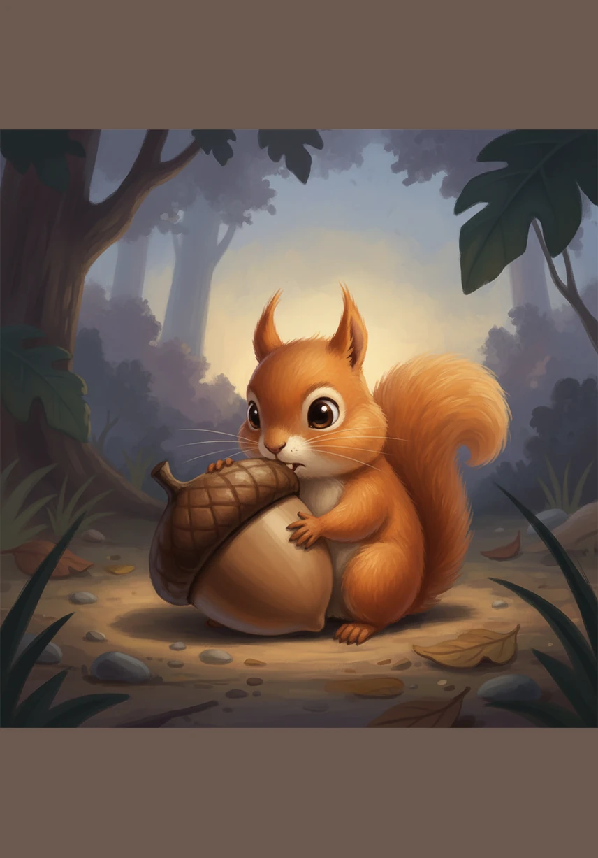 As the sun began to set, Pip sat alone with his giant acorn, trying to take a bite. However, the acorn was so big and hard that he couldn't even make a dent in it. The forest felt very quiet, and Pip started to feel a little bit lonely in the dark shadows.