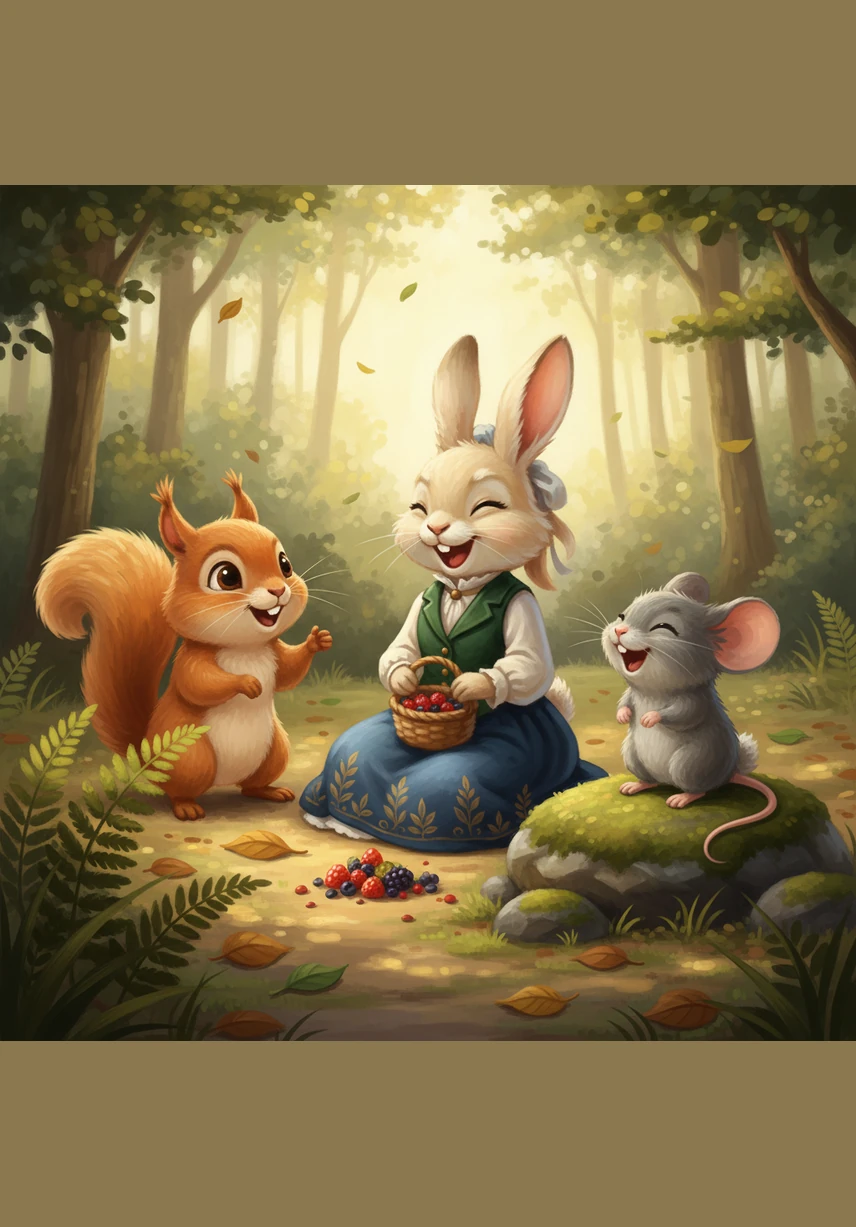 Nearby, Pip heard the sound of happy giggles and rustling leaves. His friends, Bella the Bunny and Milo the Mouse, were sharing a small pile of berries and seeds they had found together. They were telling funny stories and laughing so hard that their whiskers twitched with joy.