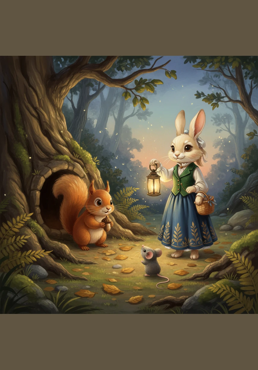 Taking a deep breath, Pip stepped out from his hiding spot and called out to his friends. "Bella! Milo! Look at the giant golden acorn I found!" he shouted with a nervous smile. His friends gasped in amazement and ran over to see the incredible discovery glowing in the twilight.