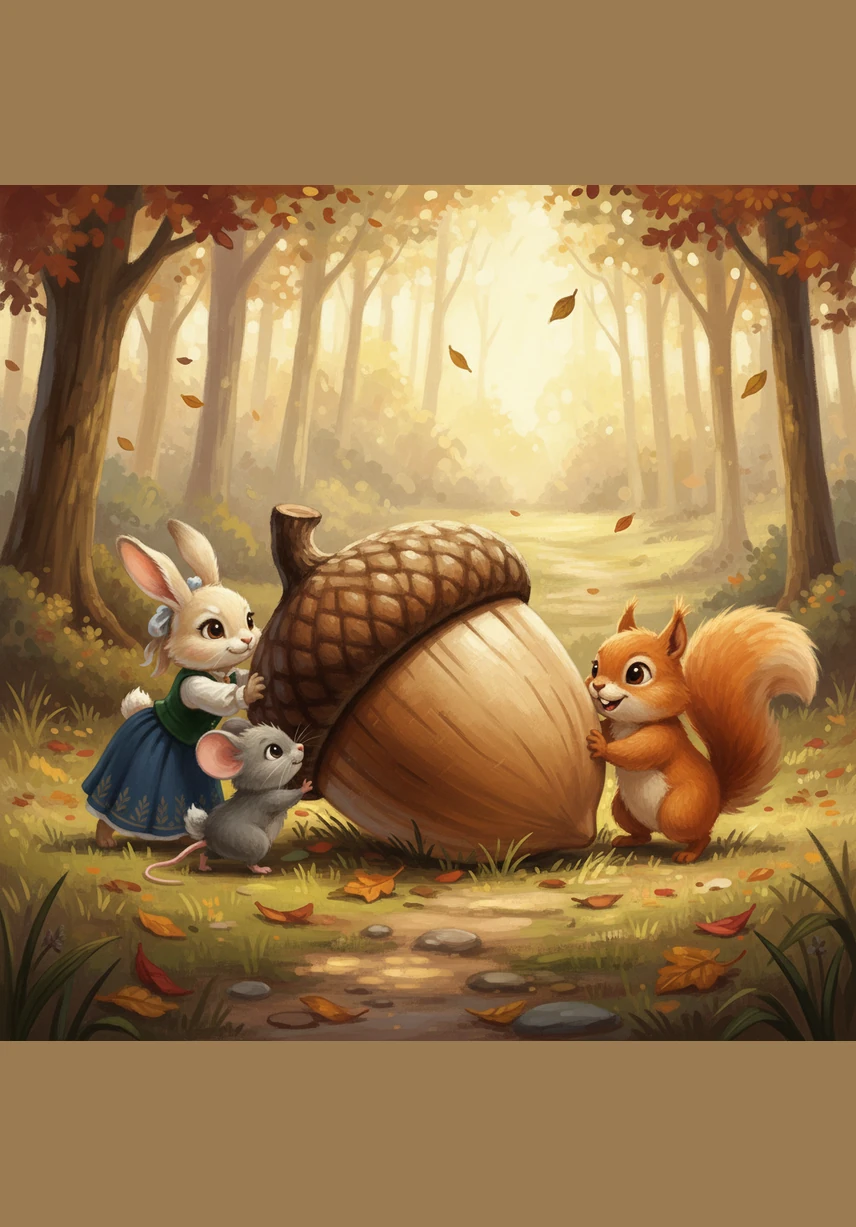 "It's too heavy for me to move alone," Pip admitted, "but maybe we can roll it to the flat stone together!" Bella pushed with her strong legs, Milo nudged with his tiny nose, and Pip steered from the front. Together, they easily moved the giant acorn to the center of the clearing.