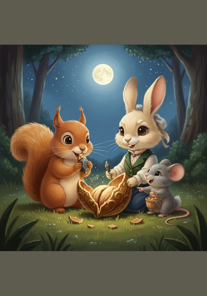With a coordinated "One, two, three, POP!", the friends used a sharp stone to crack the golden shell. Inside was the sweetest, most delicious nut meat they had ever tasted. They sat in a circle under the glowing moon, feasting and sharing the bounty until they were all full and happy.
