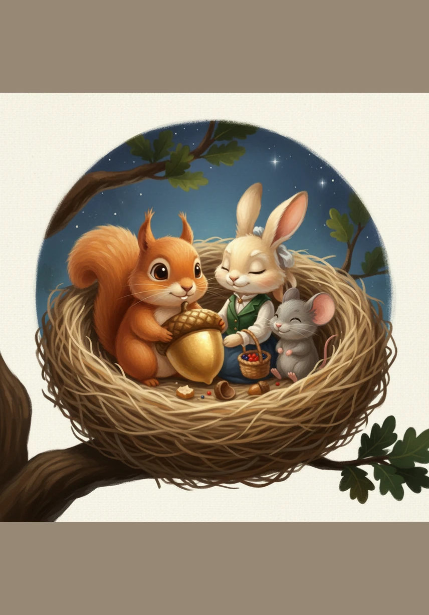 As Pip curled up in his cozy nest that night, he realized that the acorn tasted much better when shared with friends. The golden treasure was special, but the laughter and kindness of his friends were the greatest gifts of all. He closed his eyes with a happy heart, ready for more adventures tomorrow.