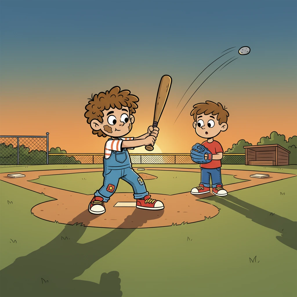 The sun dipped low, casting long shadows across the baseball field. Leo swung his bat, connecting with a small pebble instead of the ball. The pebble shot off, a tiny projectile heading straight for his friend, Ben, who stood nearby.