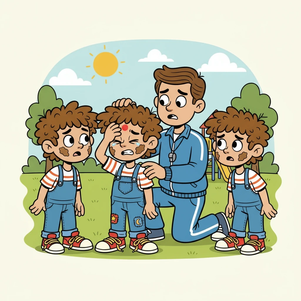 Ben clutched his forehead, a small red mark blooming where the pebble had struck. Leo and his friend, also named Leo, rushed over, their faces etched with worry. The coach examined the injury, and everything seemed fine, but the guilt gnawed at Leo.