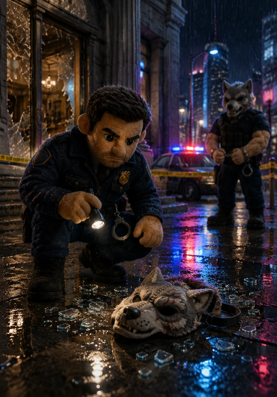 Rain pours over the cordoned-off bank as Detective Elias Thorne examines the shattered glass and a discarded wolf mask. The neon signs of the city reflect in the puddles, casting a cold glow over the grim scene of the robbery.