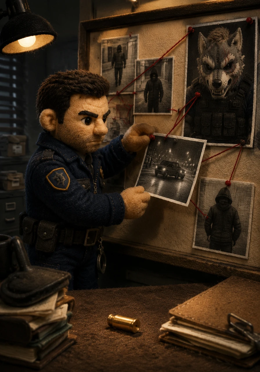 Inside the dimly lit precinct, Elias pins a grainy surveillance photo to his evidence board, connecting the dots between the suspects. A single golden shell casing sits on his desk, the key clue that points toward the notorious criminal known as Silas.