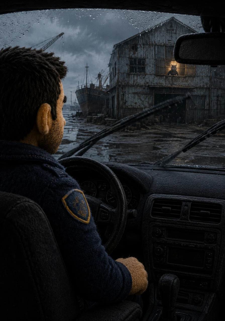 Elias sits silently in his unmarked car, watching a derelict shipyard warehouse through the rhythmic sweep of his windshield wipers. A flicker of movement in an upper window confirms his suspicions that Silas is hiding out inside.