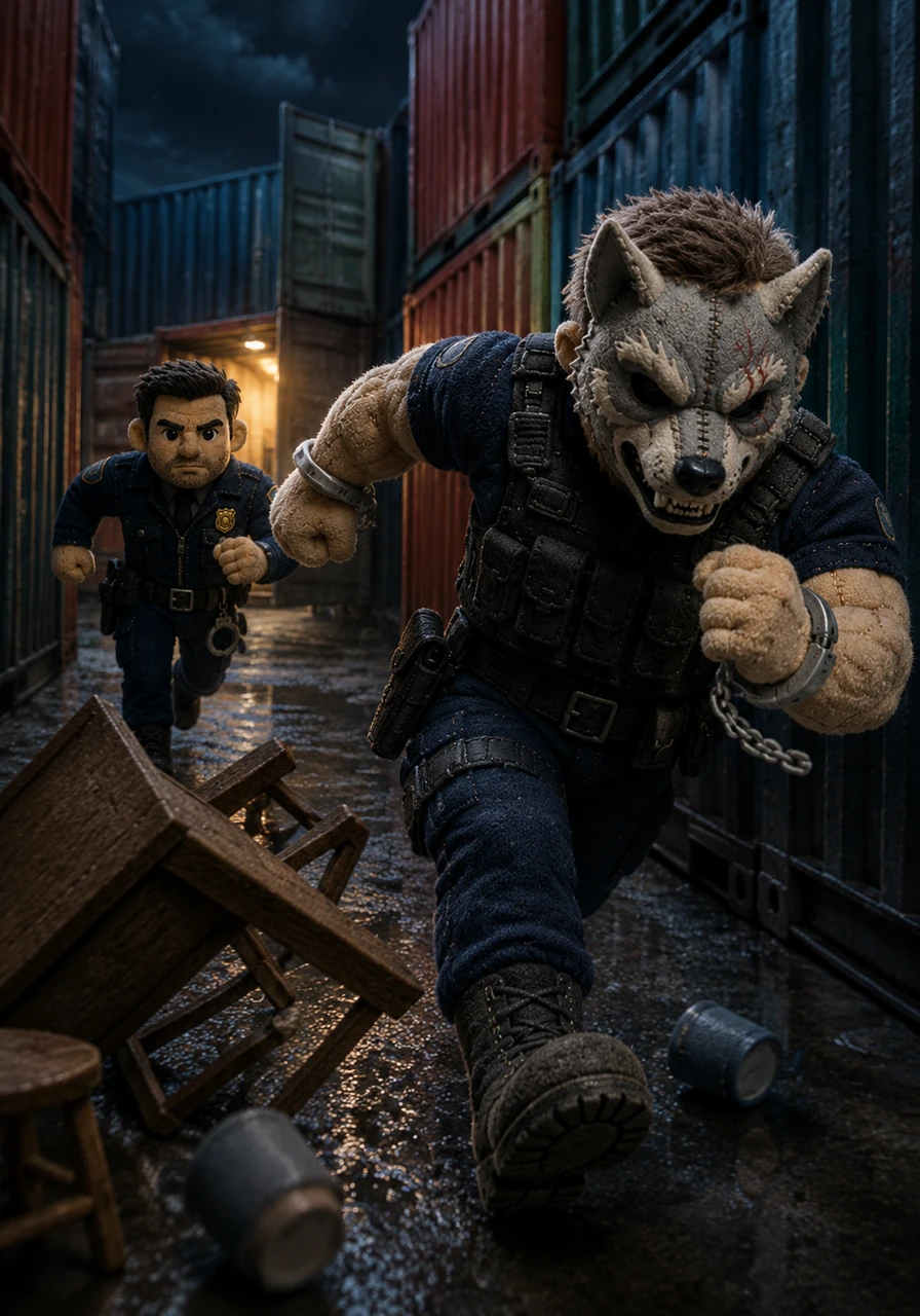 Silas suddenly kicks over a table and bolts toward the back exit, leading Elias on a frantic chase through a maze of shipping containers. The sound of heavy boots echoes against the metal walls as they race through the shadows.