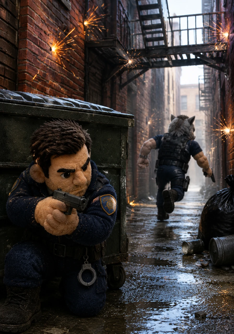 Gunfire erupts in the narrow alleyway, sending sparks flying as bullets strike the brick walls and iron fire escapes. Elias dives behind a heavy dumpster, carefully timing his shots while keeping the fleeing murderer in his sights.