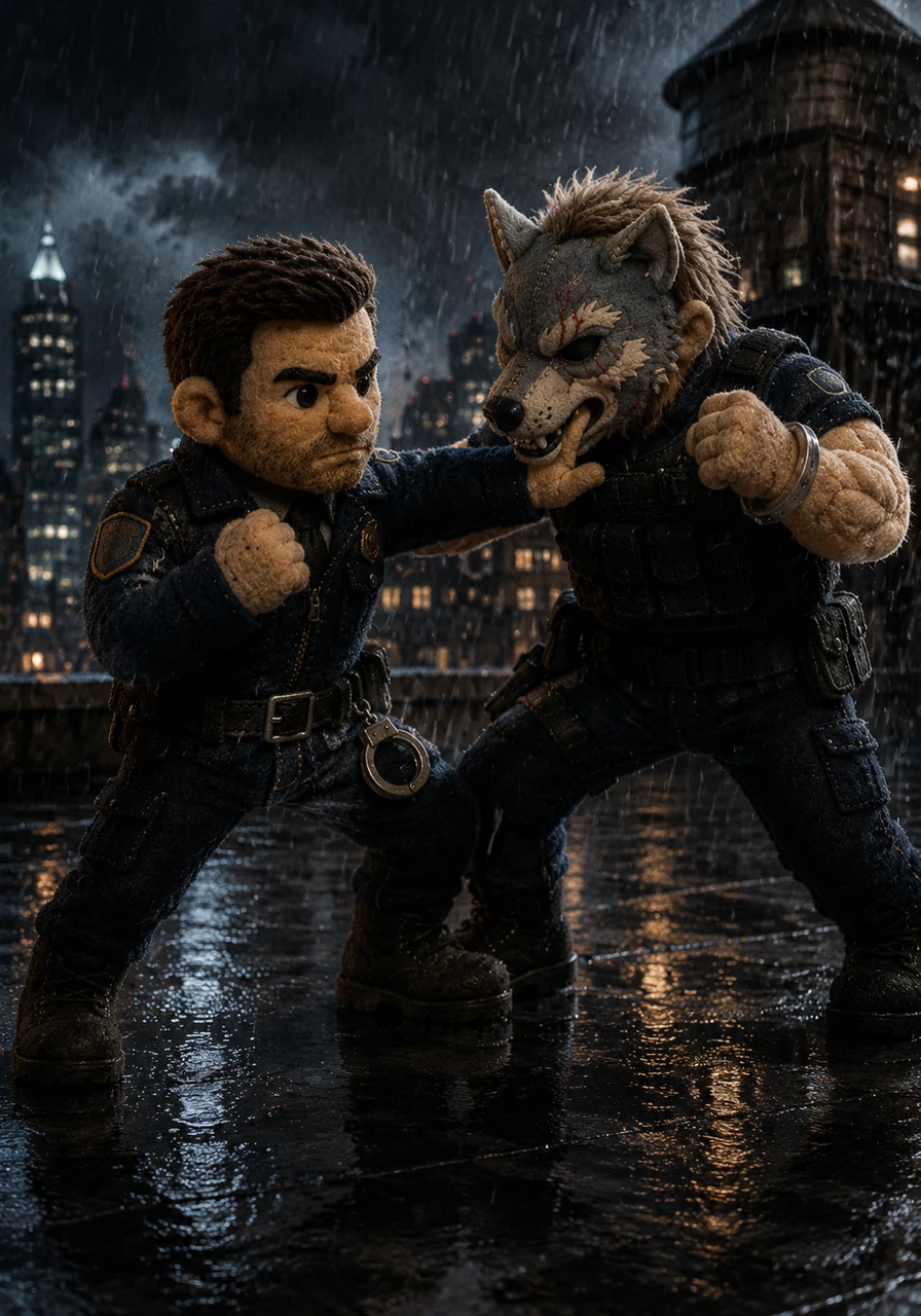 On a rain-slicked rooftop, the pursuit turns into a desperate struggle as the two men clash in a fierce hand-to-hand fight. Elias uses his tactical training to deflect Silas’s wild strikes, their shadows dancing against the backdrop of the city skyline.