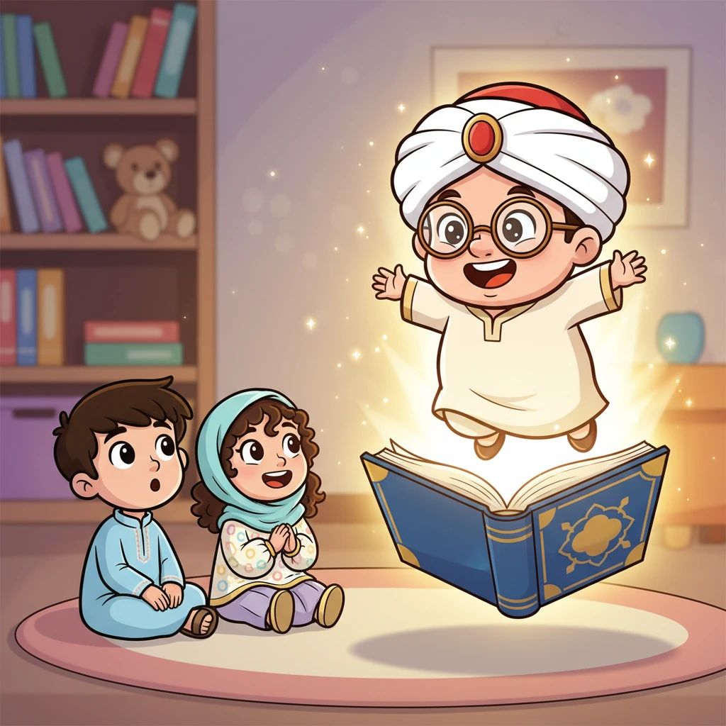 فجأة، انبعث ضوء ساطع من صفحات الكتاب وظهر منها شخصية صغيرة مرحة بعمامة كبيرة ونظارات مستديرة تطفو في الهواء. "أنا أستاذ فصيح!" قال بصوت ودود ومبتهج، "وجئت لأساعدك في فك ألغاز القواعد الصعبة!"