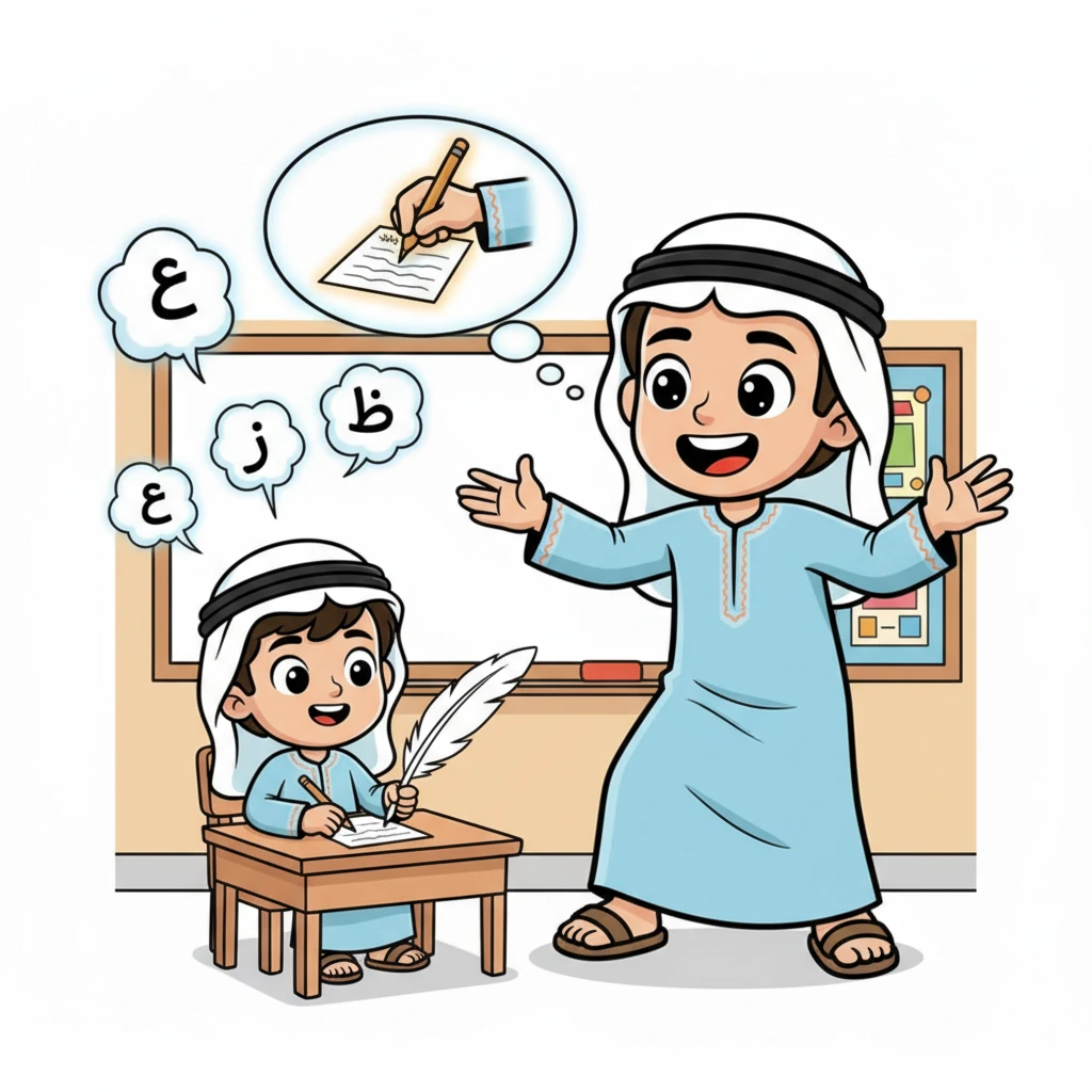 بدأ أستاذ فصيح بشرح الفعل المبني للمعلوم. رسم في الهواء صورة لأحمد وهو يكتب رسالة بخط جميل وواضح، مع فقاعات حوار تظهر الفعل "كتب". "هنا الفاعل معروف وواضح، أحمد هو من قام بالفعل!" شرح أستاذ فصيح بحماس، مشيراً إلى أحمد بكلتا يديه الصغيرتين.