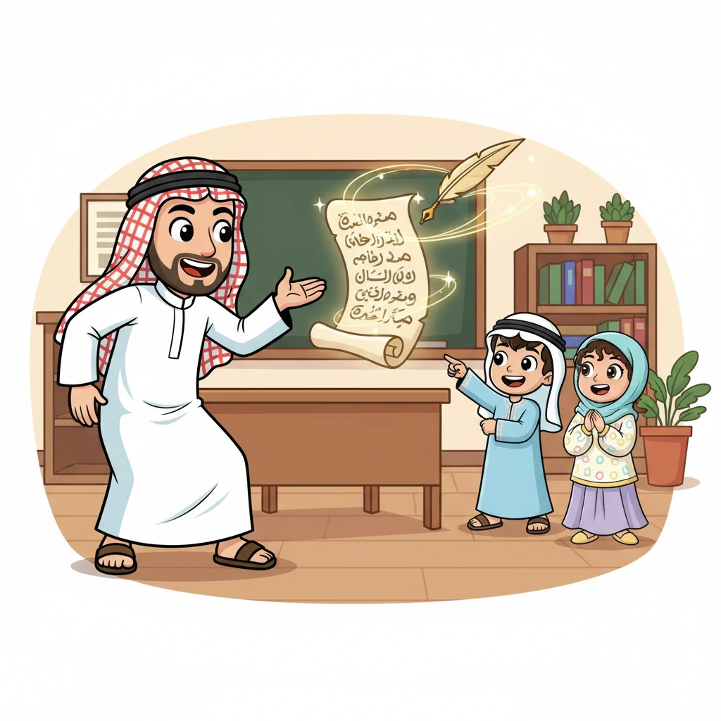 ثم تغير المشهد، وأشار أستاذ فصيح إلى رسالة مكتوبة بالفعل ولكن لا يظهر من كتبها، وكأنها طارت من قلم سحري. "أحياناً لا نعرف الفاعل، أو لا يهمنا معرفته، وهنا يأتي دور الفعل المبني للمجهول!" قال بصوت غامض ومثير قليلاً.