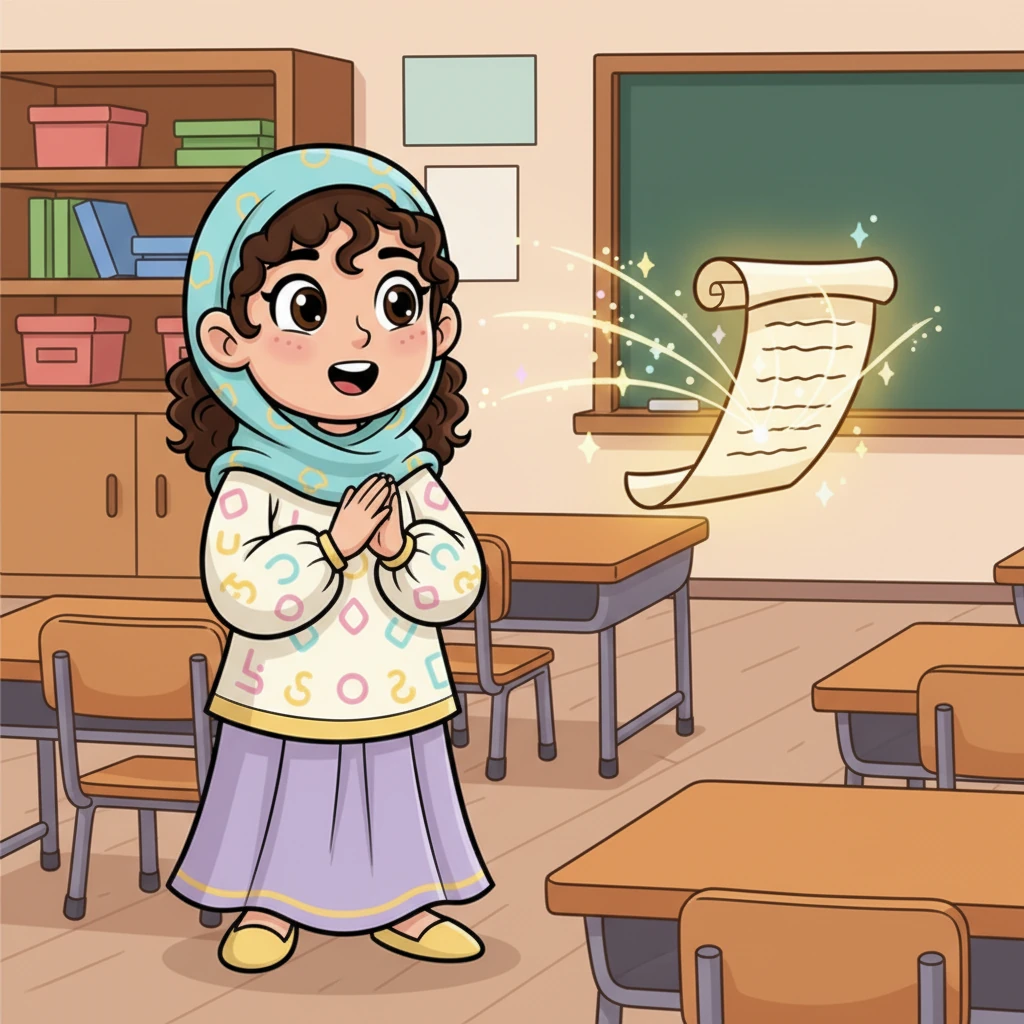 "الرسالة كُتبت!" قال أستاذ فصيح، مشيراً إلى الرسالة التي كانت تطفو في الهواء بشكل سحري. لم يكن هناك أحمد، فقط الرسالة وهي تظهر وكأنها كُتبت بفعل سحري غير مرئي. نور كانت تشعر بالدهشة والتعلم من هذا التحول.