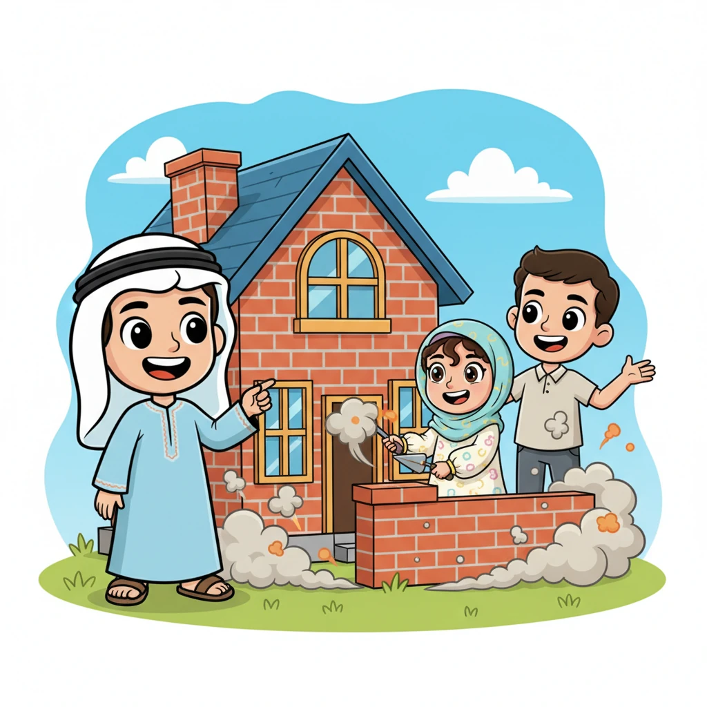 لتثبيت الفكرة، رسم أستاذ فصيح بناءً ضخماً ومهندساً نشيطاً يضع الطوب بحماس وسعادة، مع سحب غبار كرتونية حوله. "البناء بنى البيت!" قال، مشيراً إلى المهندس بابتسامة عريضة وفخر بعمله.